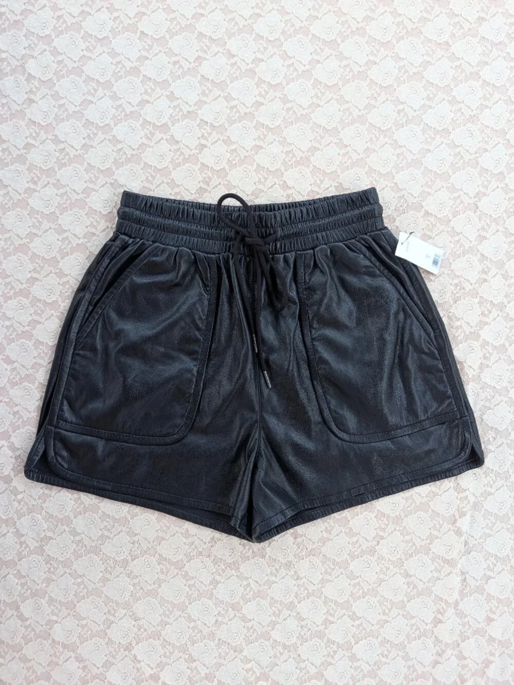 Joie NWT vegan leather shorts in shade Caviar (black) size 2 drawstring pockets